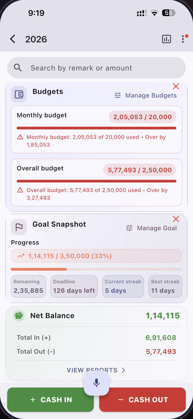 Budget and goal cards in Expenseum showing a monthly budget over its limit and a savings goal at 33% with a five-day logging streak.