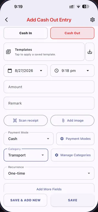 Adding a cash-out entry in Expenseum, with templates, receipt scanning, payment mode, category and recurrence.