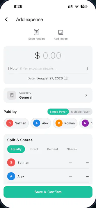 Adding a shared expense in Expenseum, choosing who paid and whether to split equally, by exact amount, by percent or by shares.