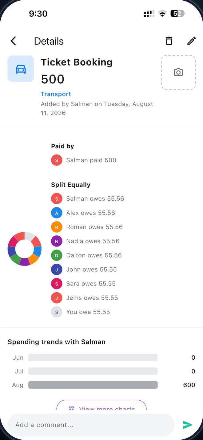 An expense detail screen breaking a 500 ticket booking into equal shares per person, with a donut chart and monthly spending trends.